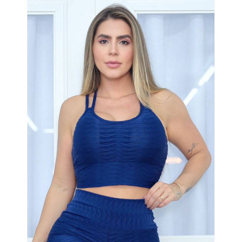 Trio Feminino para Academia Top com Bojo Removível Calça e Short Cintura Alta Tecido Bolha