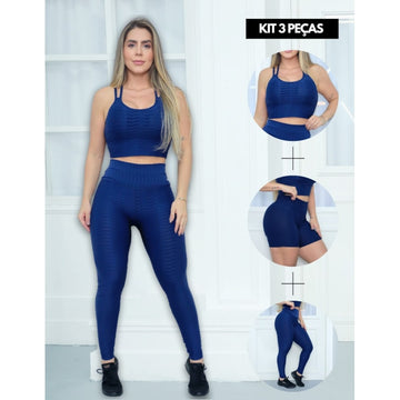 Trio Feminino para Academia Top com Bojo Removível Calça e Short Cintura Alta Tecido Bolha