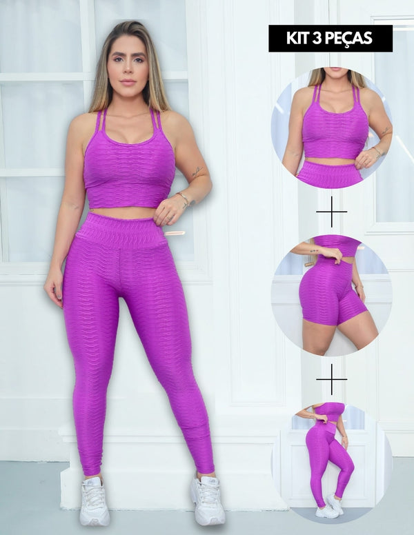 Trio Fitness Feminino Calça Legging Short Cintura Alta e Top Alcinha Bojo Removível