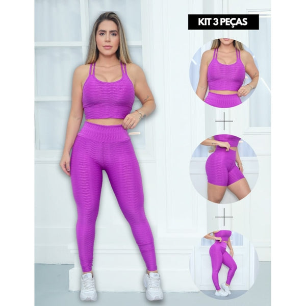Trio Fitness Feminino Calça Legging Short Cintura Alta e Top Alcinha Bojo Removível