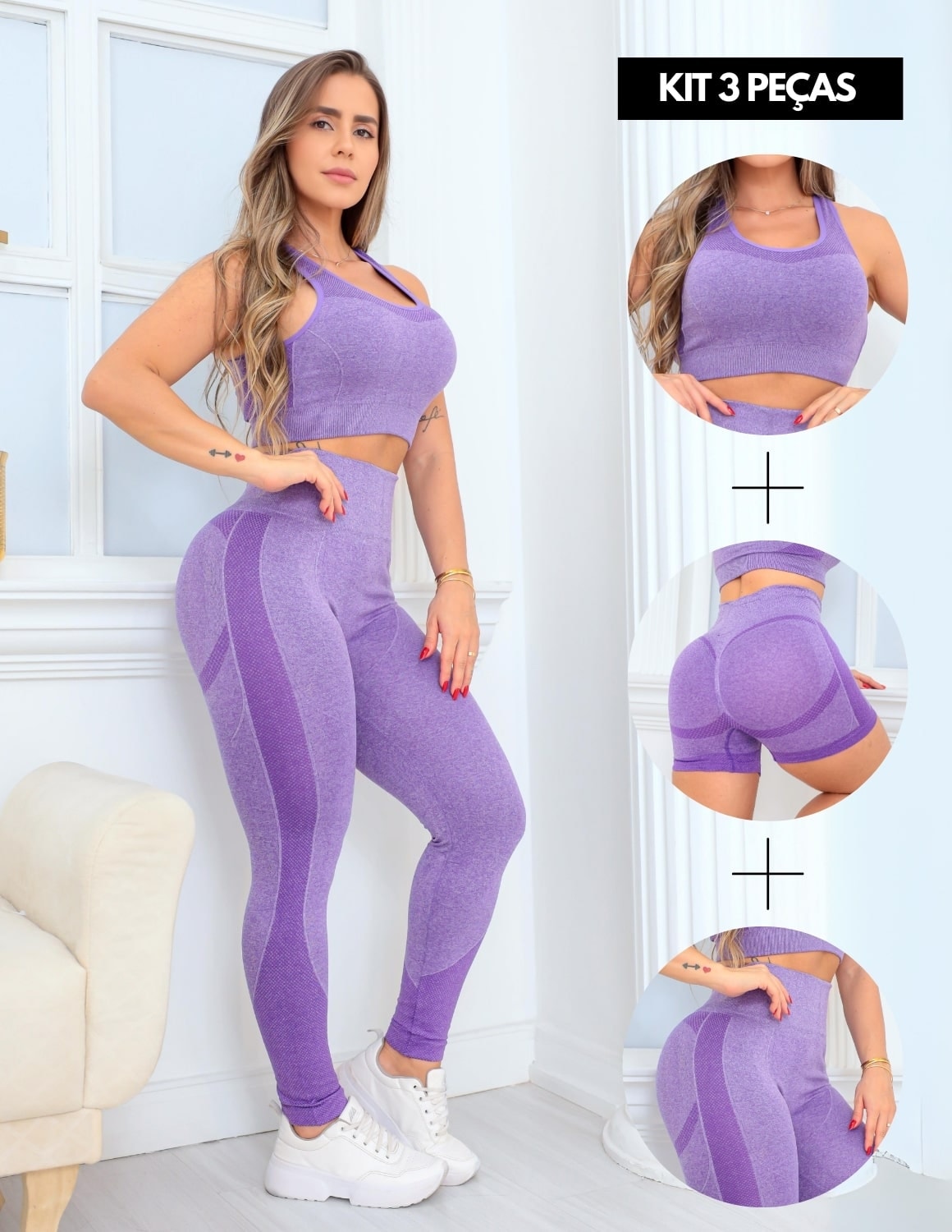 Trio Academia Feminino com Cropped Calça Cintura Alta e Short Levanta Bumbum