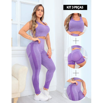 Trio Academia Feminino com Cropped Calça Cintura Alta e Short Levanta Bumbum