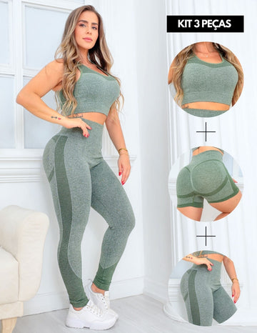 Trio Conjunto Esportivo Feminino com Cropped Short e Legging Cintura Alta Levanta Bumbum
