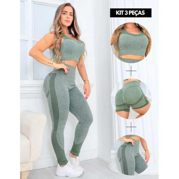 Trio Conjunto Esportivo Feminino com Cropped Short e Legging Cintura Alta Levanta Bumbum