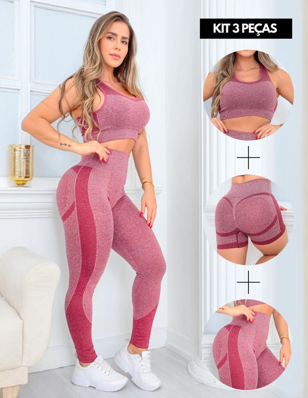 Trio Conjunto Feminino Fitness Valoriza Bumbum com Cropped Calça Cintura Alta e Short
