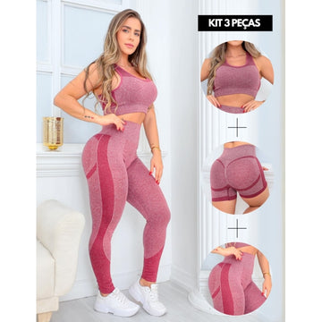 Trio Conjunto Feminino Fitness Valoriza Bumbum com Cropped Calça Cintura Alta e Short