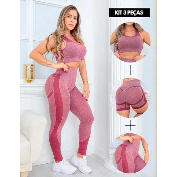 Trio Conjunto Feminino Fitness Valoriza Bumbum com Cropped Calça Cintura Alta e Short