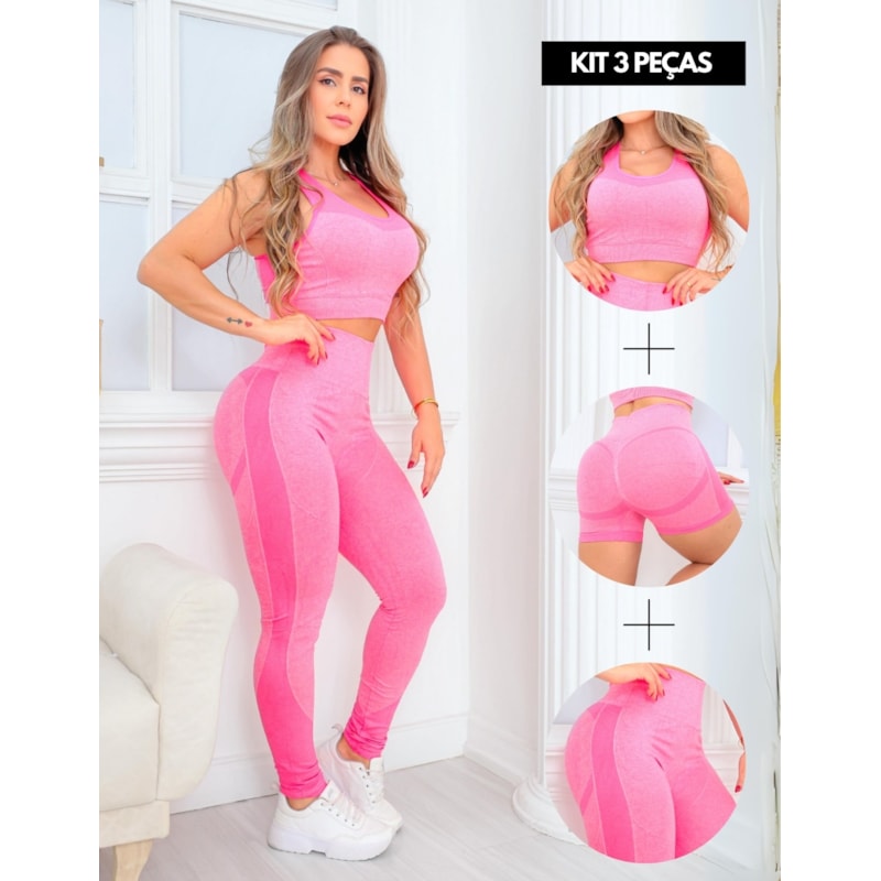 Trio Esportivo Empina Bumbum com Calça Cintura Alta Short e Cropped Feminino