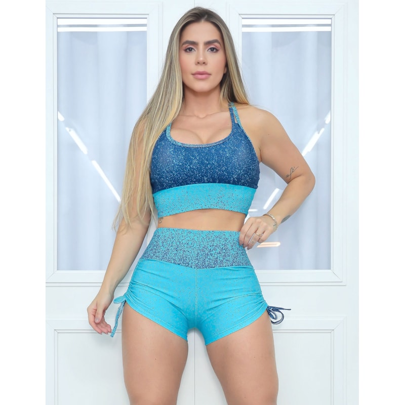 Conjunto Fitness Feminino Degradê Top com Bojo Removível e Short Ajustável