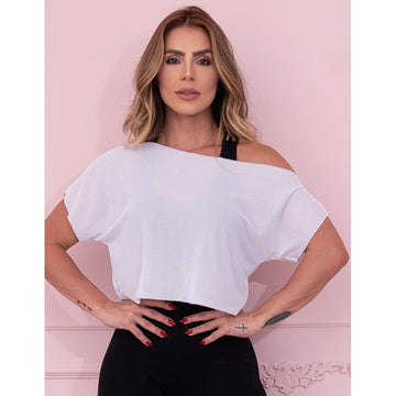 Cropped Fitness Feminino Manga Curta em Tela