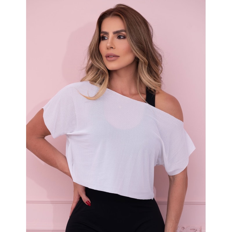 Cropped Fitness Feminino Manga Curta em Tela