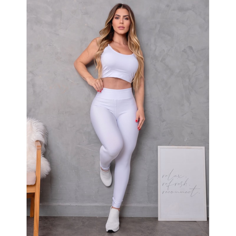 Look Fitness Feminino Zero Transparência Calça Cintura Alta e Cropped com Bojo Remvovível