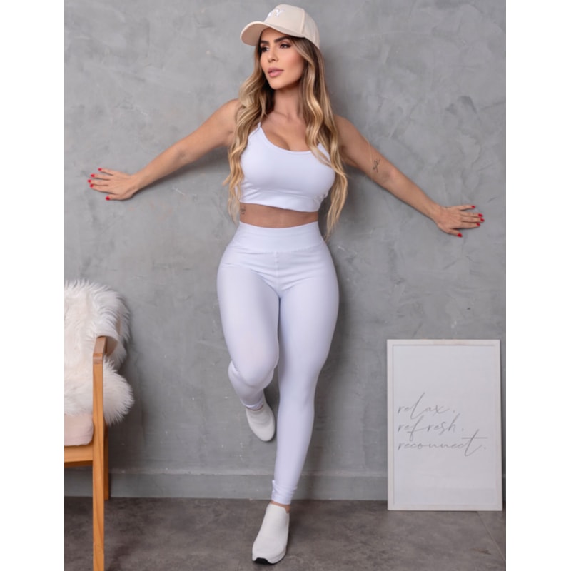 Look Fitness Feminino Zero Transparência Calça Cintura Alta e Cropped com Bojo Remvovível
