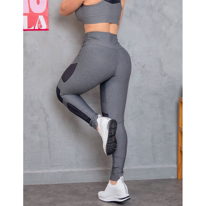Calça Legging Cintura Alta Fitness Feminina com Recortes em Tela