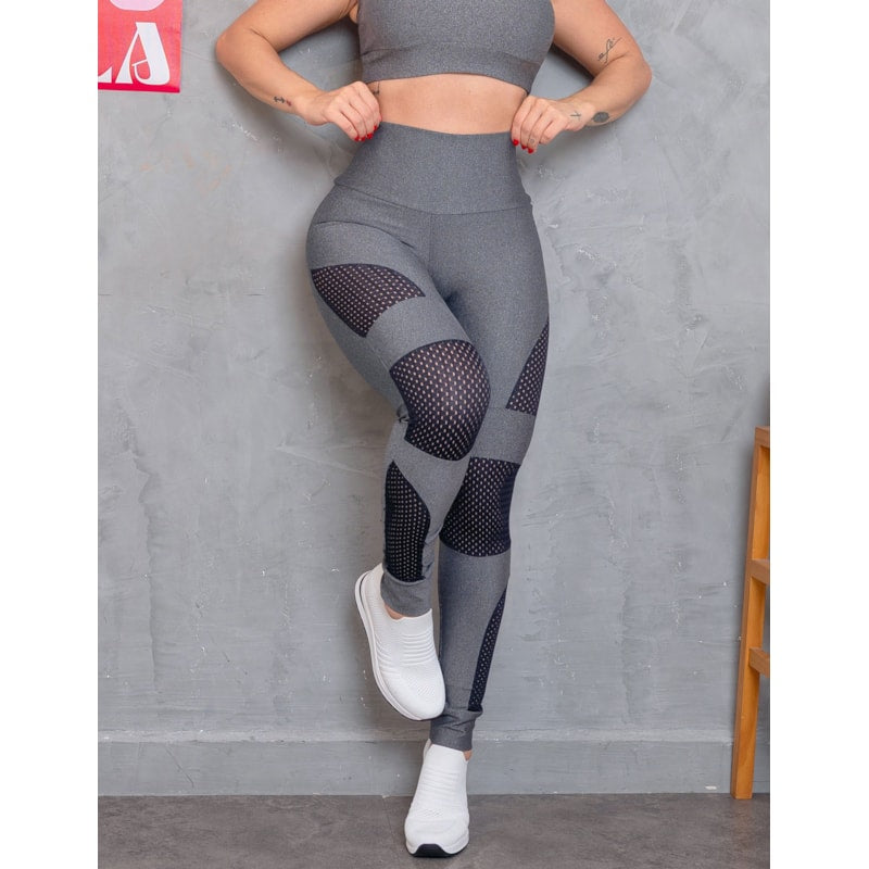 Calça Legging Cintura Alta Fitness Feminina com Recortes em Tela