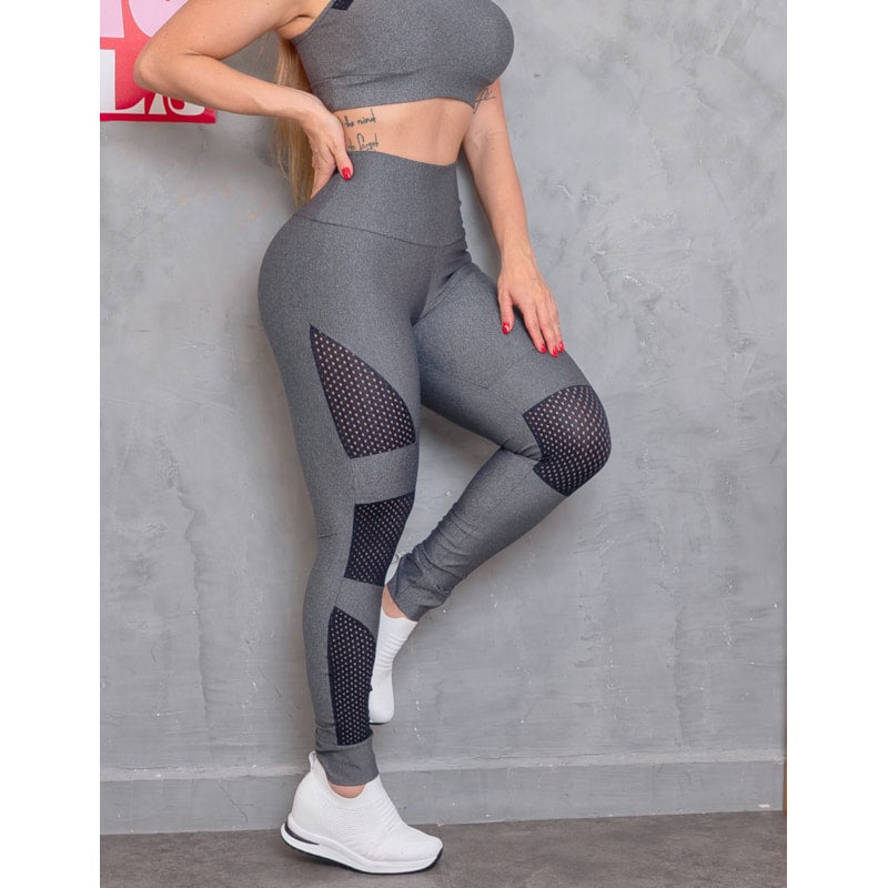 Calça Legging Cintura Alta Fitness Feminina com Recortes em Tela