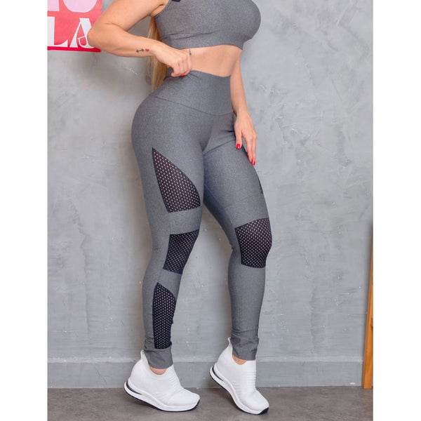 Calça Legging Cintura Alta Fitness Feminina com Recortes em Tela