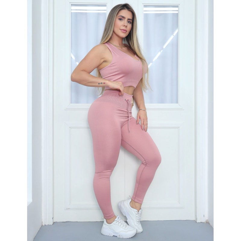 Look Fitness Feminino Estiloso Fitmoda Cropped Sem Bojo + Calça com Cadarço