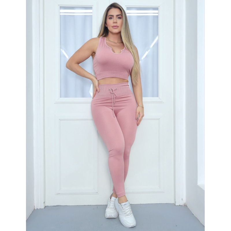 Look Fitness Feminino Estiloso Fitmoda Cropped Sem Bojo + Calça com Cadarço