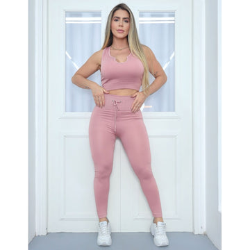Look Fitness Feminino Estiloso Fitmoda Cropped Sem Bojo + Calça com Cadarço