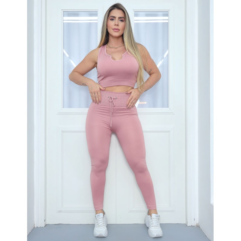 Look Fitness Feminino Estiloso Fitmoda Cropped Sem Bojo + Calça com Cadarço