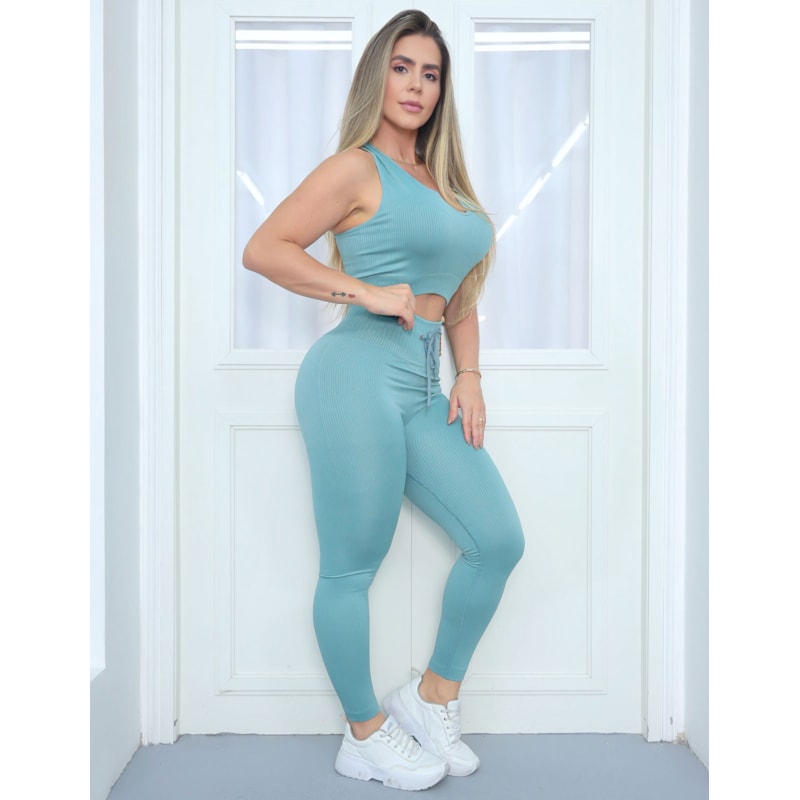 Look Fitmoda Feminino Fitness com Cropped Sem Bojo e Calça com Cadarço