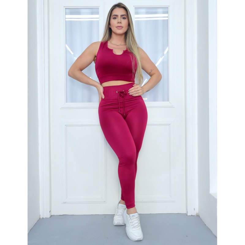 Conjunto Fitness Feminino Texturizado Cropped sem Bojo e Calça com Cadarço