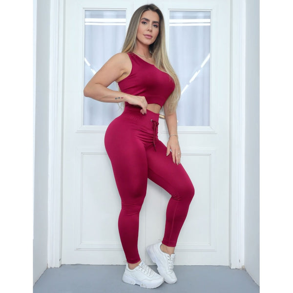 Conjunto Fitness Feminino Texturizado Cropped sem Bojo e Calça com Cadarço