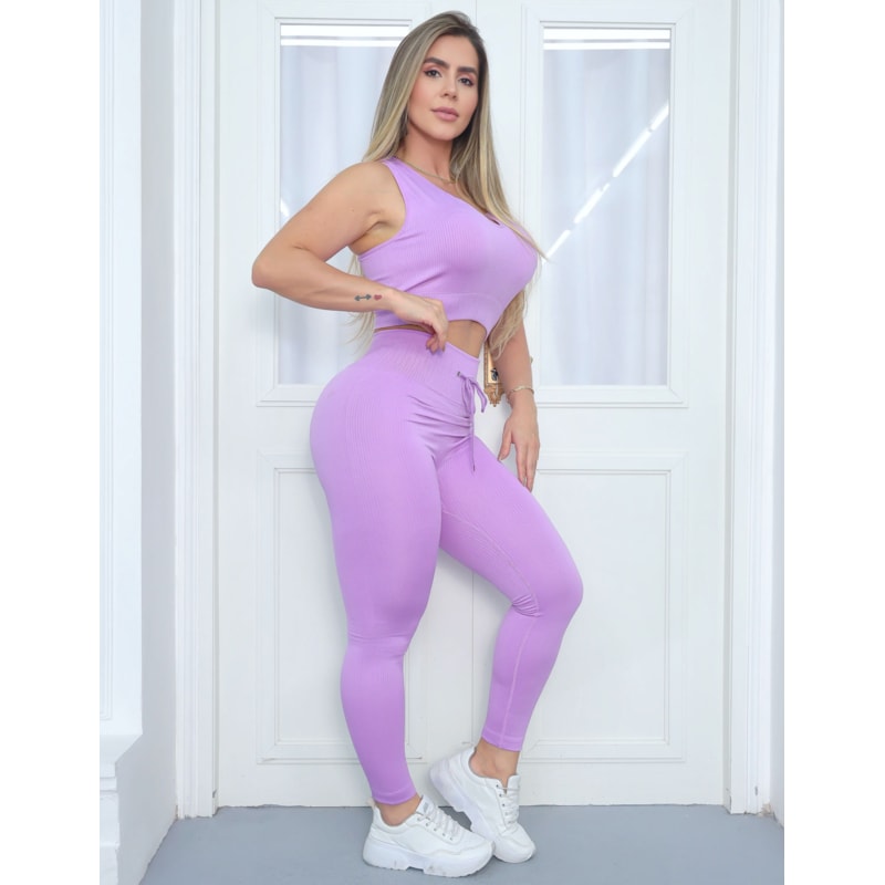 Conjunto Feminino Fitness com Cropped Sem Bojo e Calça Cintura Alta com Cadarço