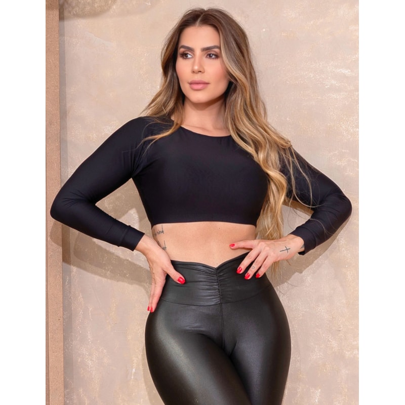 Cropped Manga Longa Feminino em Duplo Tecido sem Bojo