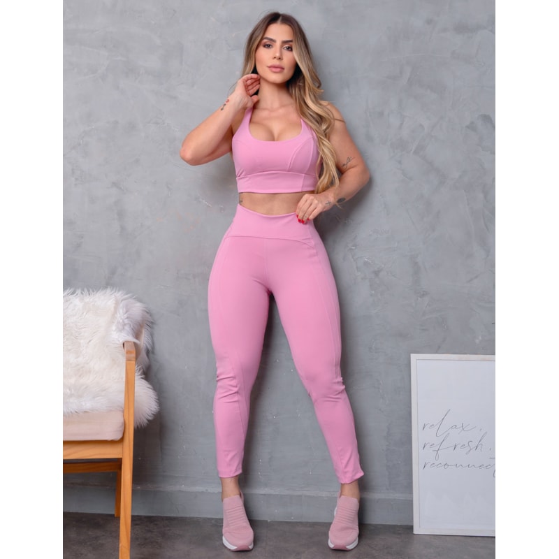 Conjunto Fitness Feminina em Poliamida Calça Cintura Alta e Cropped Nadador Zero Transparência