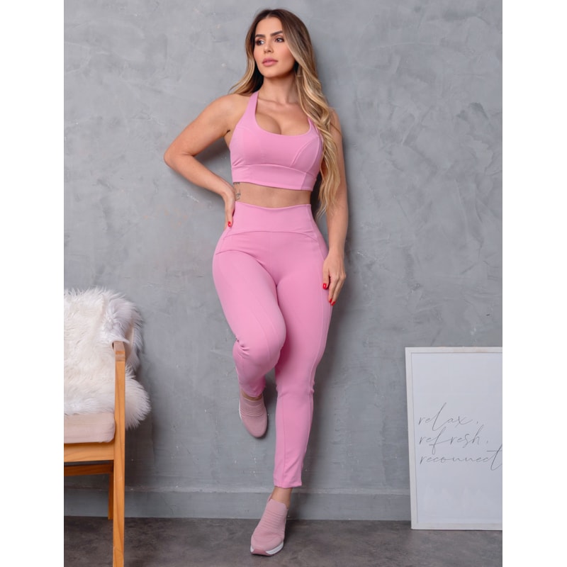 Conjunto Fitness Feminina em Poliamida Calça Cintura Alta e Cropped Nadador Zero Transparência