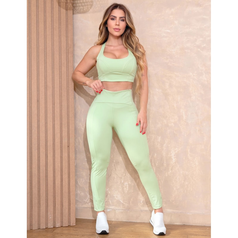 Conjunto Fitness Feminino Nadador em Poliamida Cropped e Calça Zero Transparência