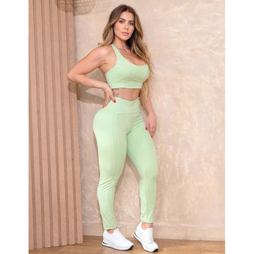 Conjunto Fitness Feminino Nadador em Poliamida Cropped e Calça Zero Transparência