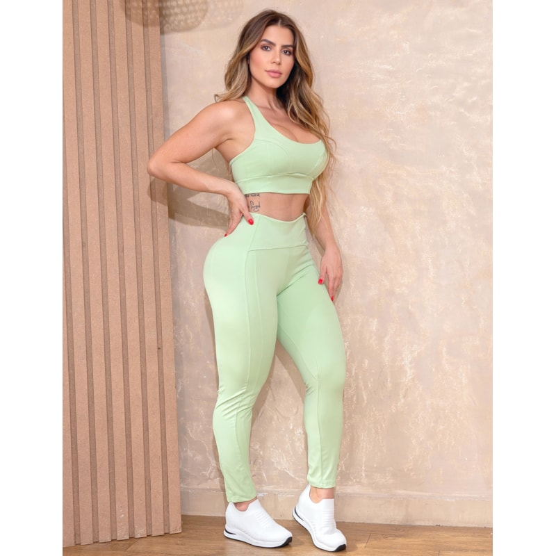 Conjunto Fitness Feminino Nadador em Poliamida Cropped e Calça Zero Transparência