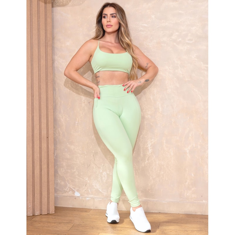 Conjunto Feminino em Poliamida Zero Transparência Fitness Calça com Bolsos e Cropped