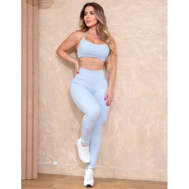 Conjunto Feminino Fitness-Zero Transparência Cropped e Calça em Poliamida Zero Transparência