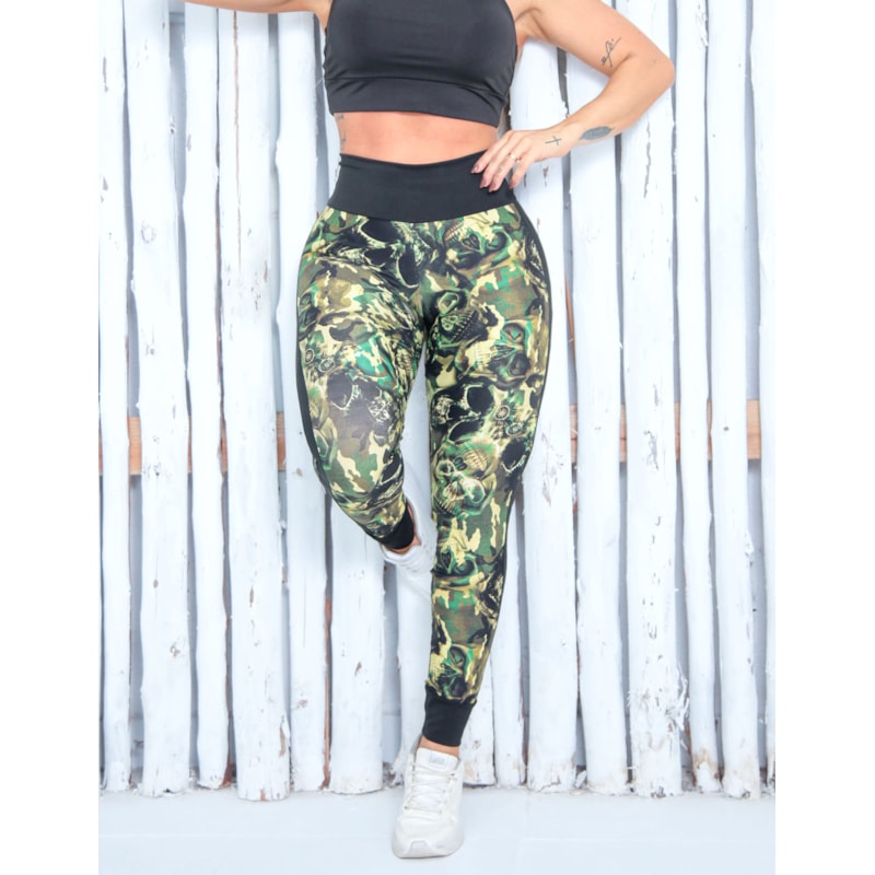 Calça Fitness Feminina Estampa Caveira com Punho em Poliamida