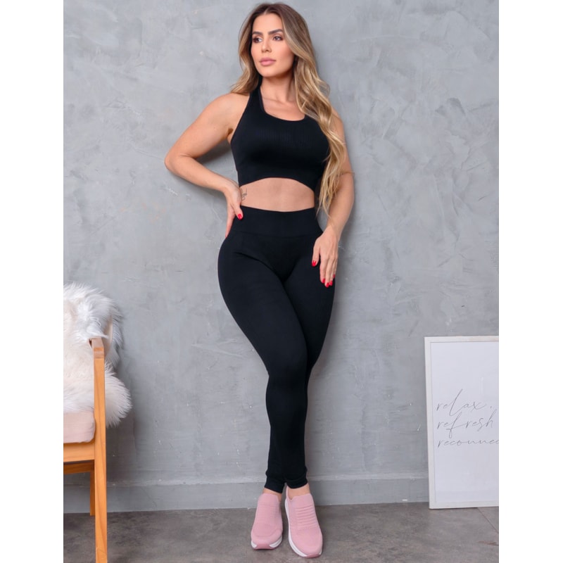 Conjunto Feminino Fitness Canelado Sem Costura Cintura Alta em Poliamida