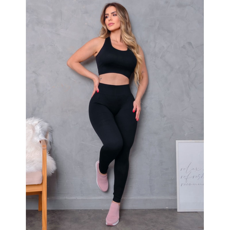 Conjunto Feminino Fitness Canelado Sem Costura Cintura Alta em Poliamida