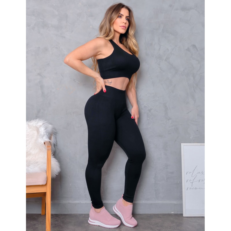 Conjunto Feminino Fitness Canelado Sem Costura Cintura Alta em Poliamida