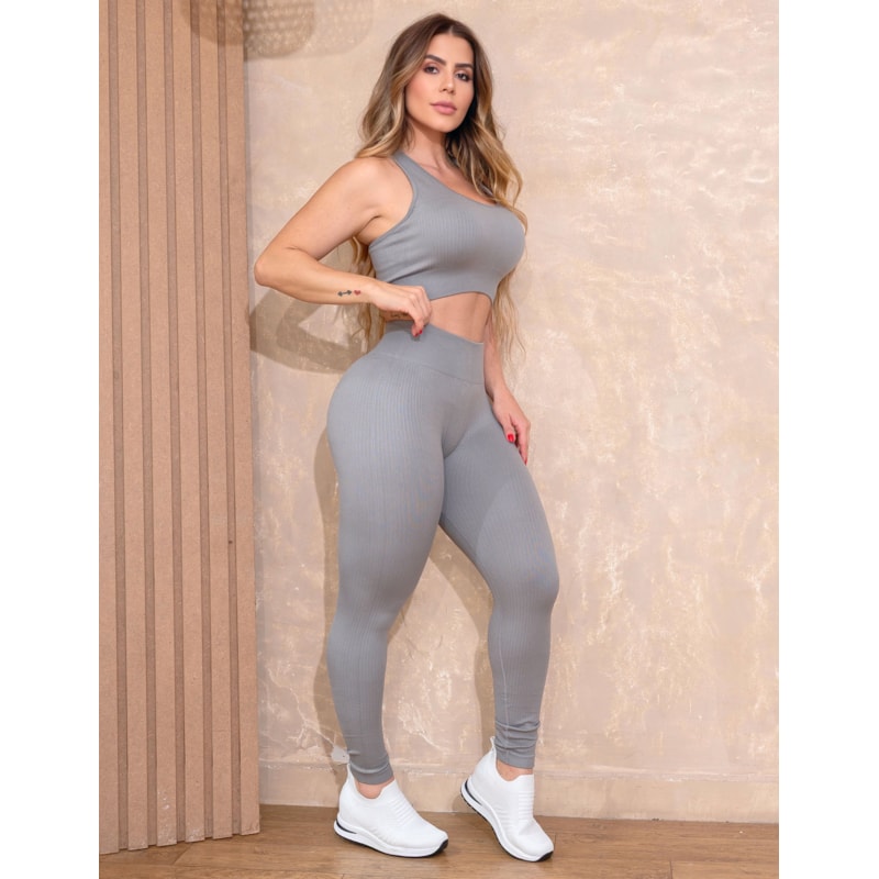 Look Fitness Feminino em Poliamida Canelada Sem Costura Cintura Alta