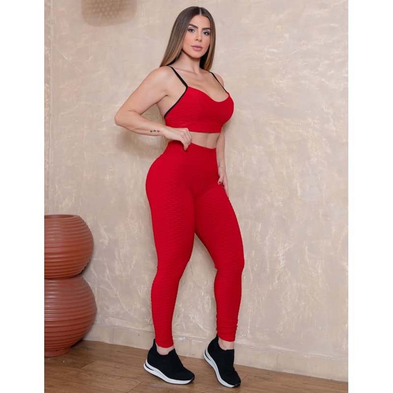 Conjunto Academia Feminino Estiloso em Tecido Bolha com Cós Alto e Bojo Removível