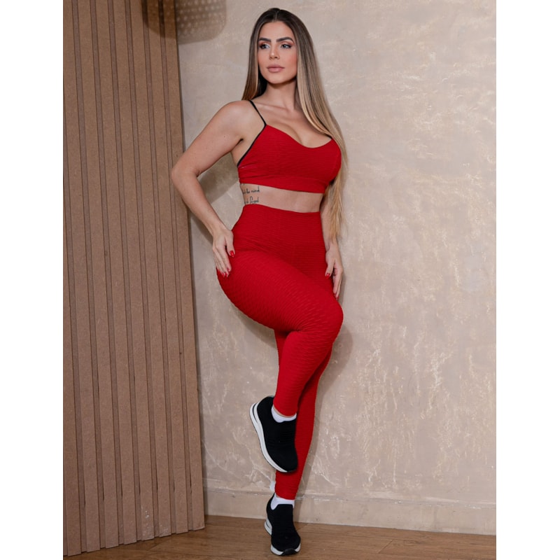 Conjunto Academia Feminino Estiloso em Tecido Bolha com Cós Alto e Bojo Removível