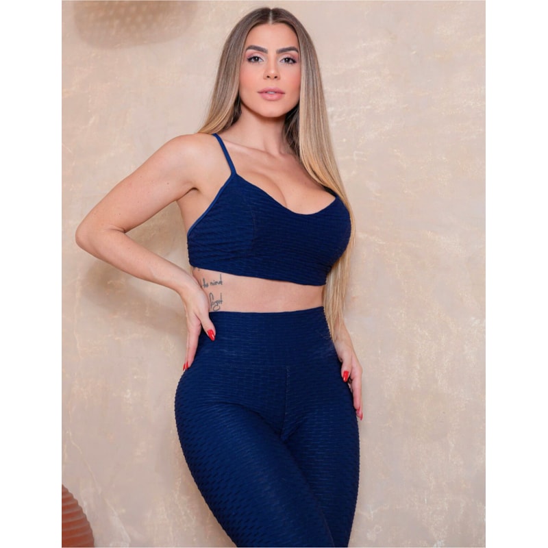 Conjunto Fitness Feminino Texturizado Bolha Calça Cintura Alta e Top com Bojo Removível