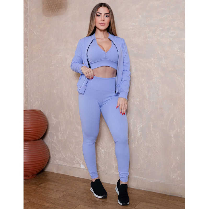 Look Completo Fitness Feminino com Casaco, Cropped e Legging Cintura Alta Texturizada