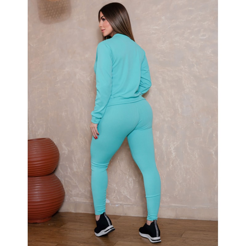 Trio Esportivo Feminino com Casaco + Top com Bojo + Legging Cintura Alta Texturizada