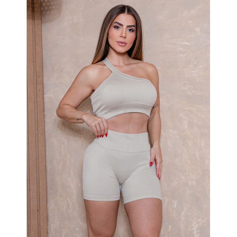 Conjunto Fitness Feminino Sem Costura em Poliamida Canelada Short e Top