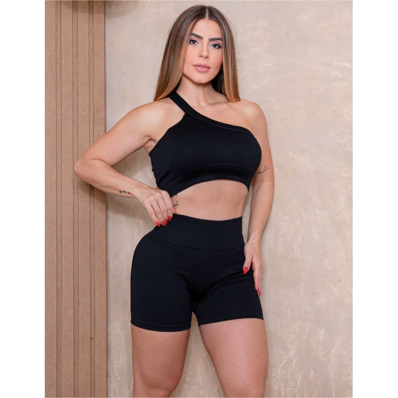 Look Fitmoda em Poliamida Canelada sem Costura com Top e Short