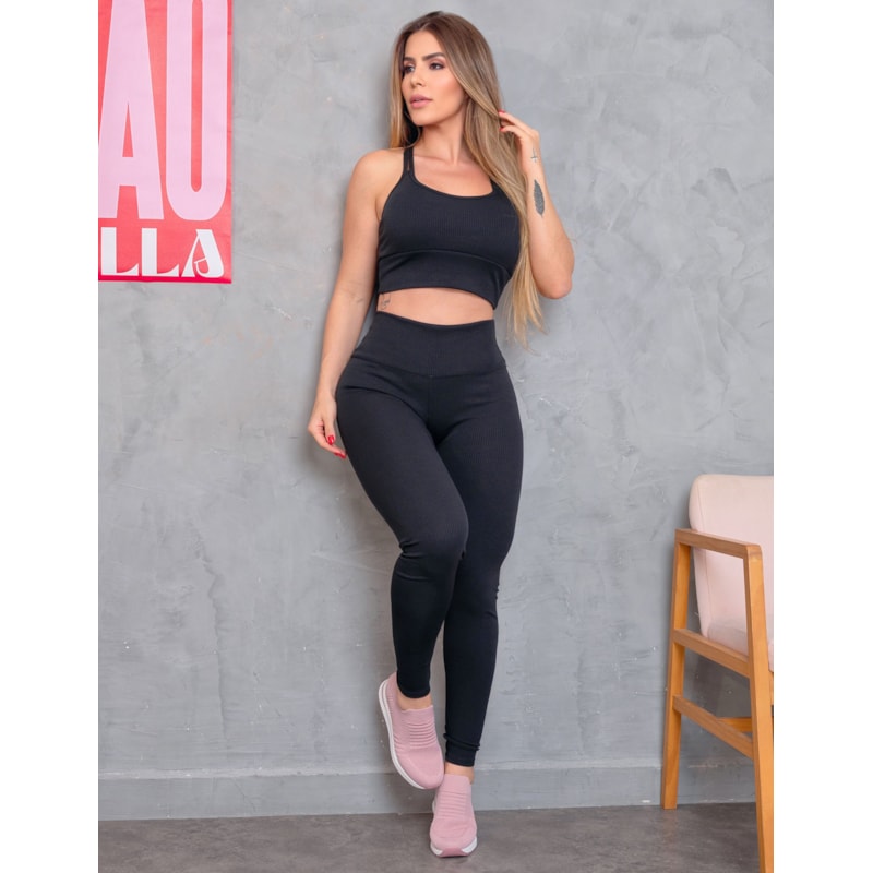 Conjunto Feminino Fitness Texturizado Calça CIntura Alta e Top Alcinhas com Bojo Removível